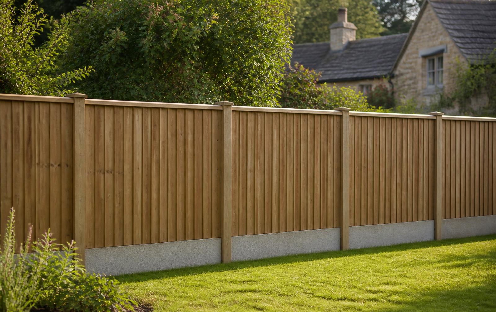 Newly installed tall closeboard timber fence with concrete gravel boards, running along a rural English garden boundary.